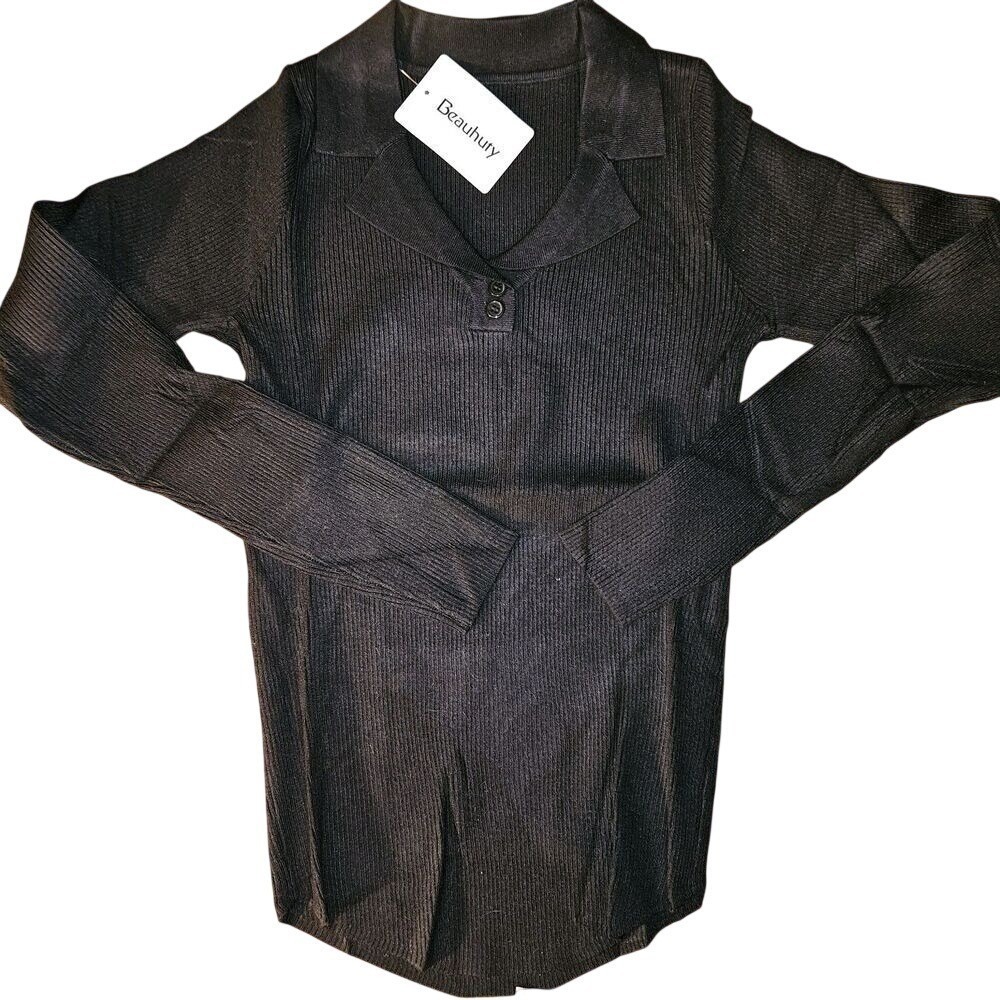 Beauhuty Womens Black Ribbed Knit Polo Collar Long Sleeve Button Top Size Small